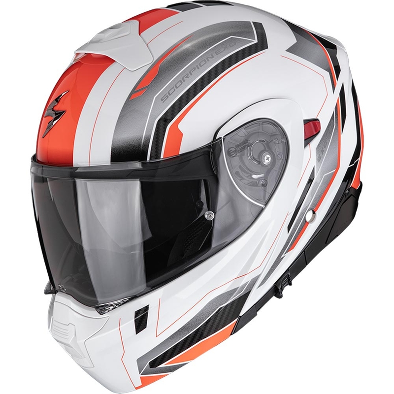 Výklopná helma na motorku Scorpion EXO-930 EVO Space bielo-strieborno-červená