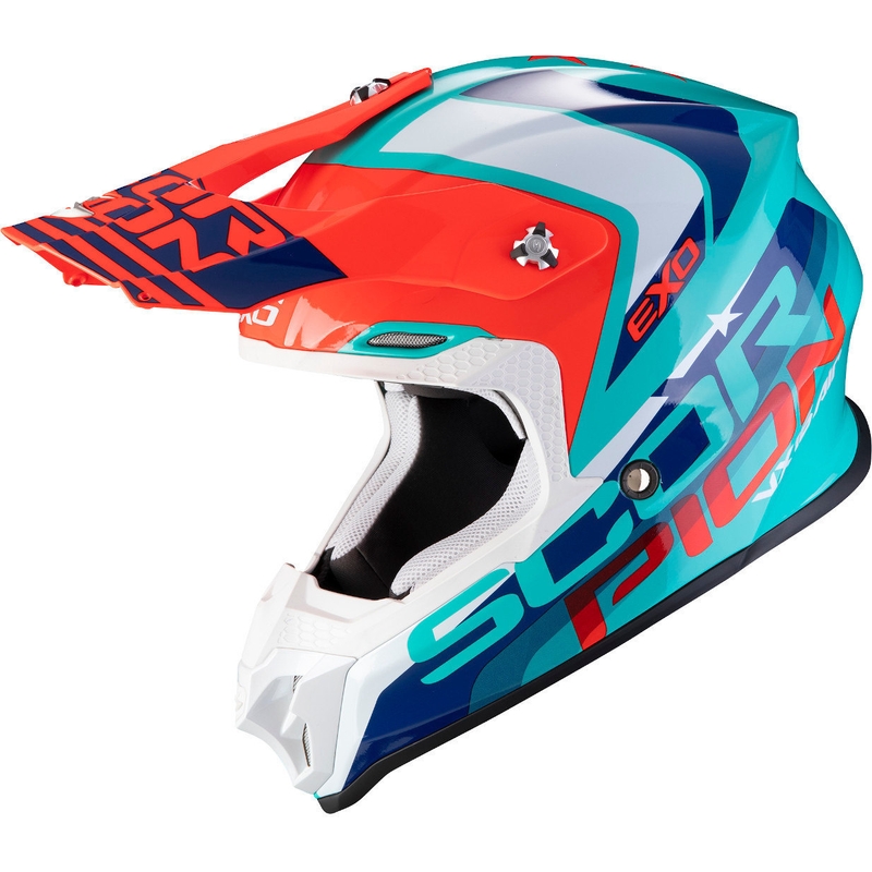 Motokrosová prilba Scorpion VX-16 Air Nation zeleno-modro-červená výpredaj