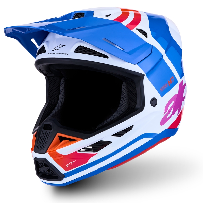 Motokrosová prilba na motorku Alpinestars Supertech S-M7 Core bielo-modro-oranžová
