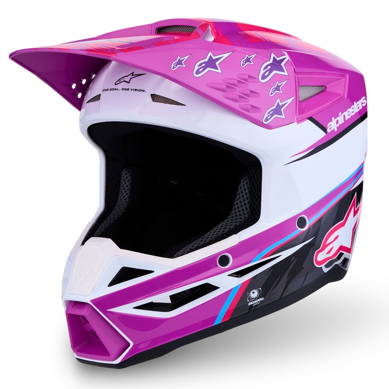 Detská motokrosová helma na motorku Alpinestars S-M3 Falcon fialovo-bielo-čierna
