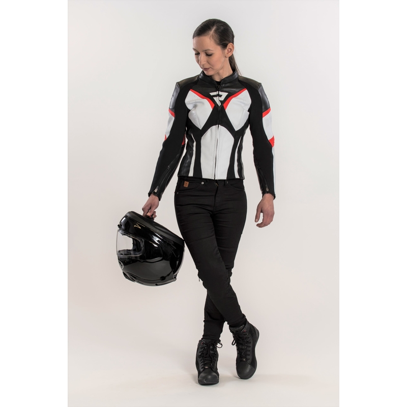 Dámska bunda na motocykel Rebelhorn Rebel čierno-bielo-fluo červená výpredaj