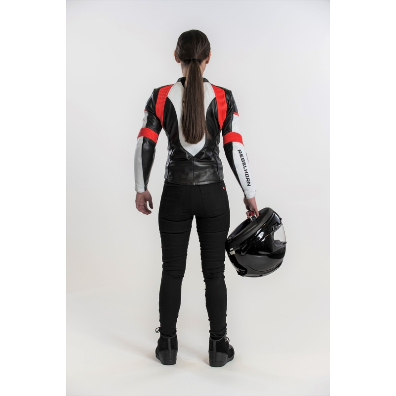 Dámska bunda na motocykel Rebelhorn Rebel čierno-bielo-fluo červená výpredaj