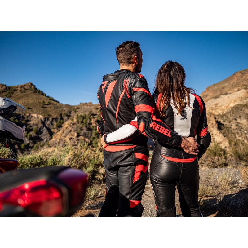 Dámska bunda na motocykel Rebelhorn Rebel čierno-bielo-fluo červená výpredaj