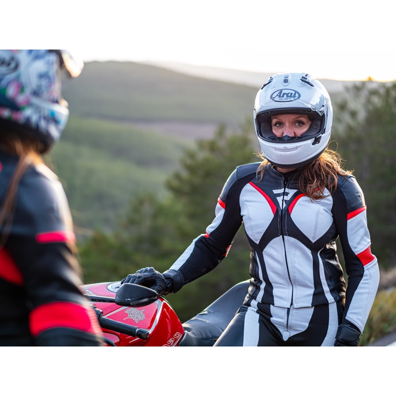 Dámska bunda na motocykel Rebelhorn Rebel čierno-bielo-fluo červená výpredaj