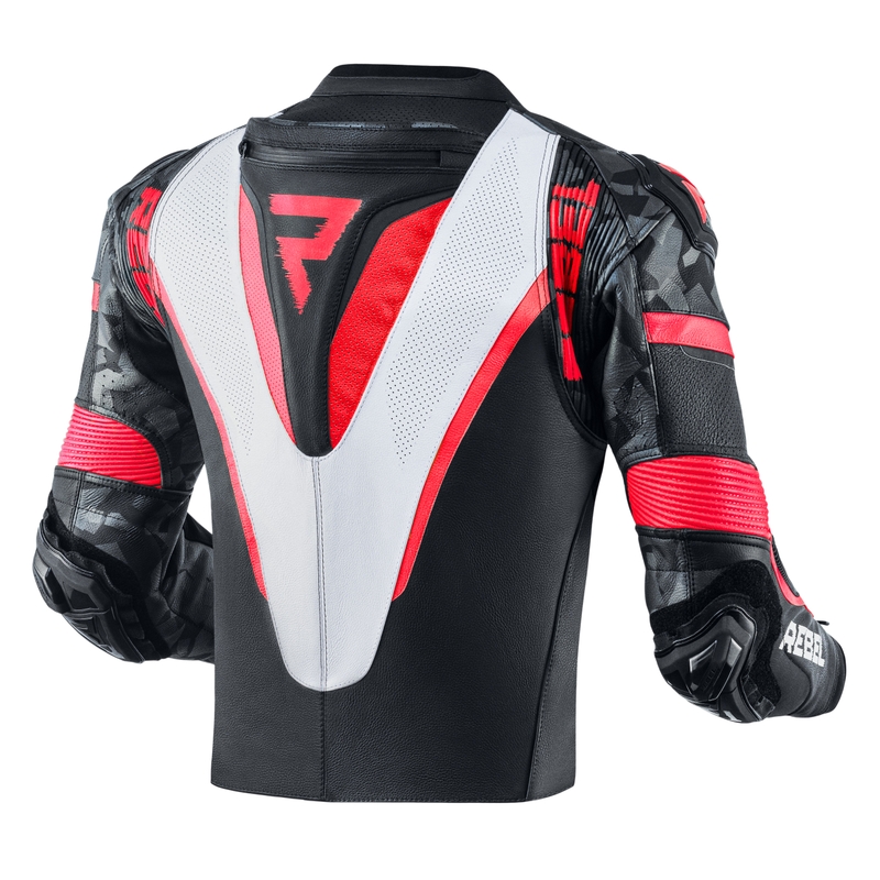 Bunda na motocykel Rebelhorn Rebel čierno-bielo-fluo červená výpredaj